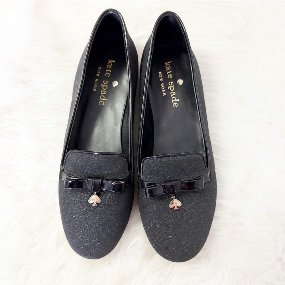 Kate Spade New York Black Glitter Loafers Flats Bow Charm Size 5.5B